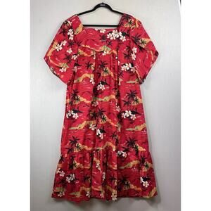 Vintage Winnie Fashion Hawaiian Midi Dress Size 3XL Red Black Tropical Floral